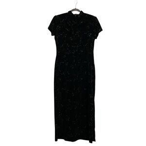 Black Velvet Floral Sparkle Mandarin Style Maxi Dress Size 12